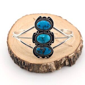 Navajo Kingman 3-Stones Turquoise Bracelet Sterling Silver Jewelry Sz 7.25in.***